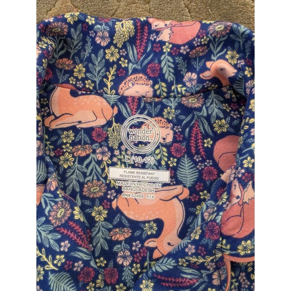 2 PC Wonder Nation Girls Size L  (12-14) Forest Animal Pajama Set FIRE RESISTANT
